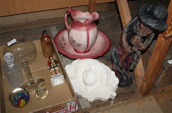 Mixed glassware, ceramics & a carving